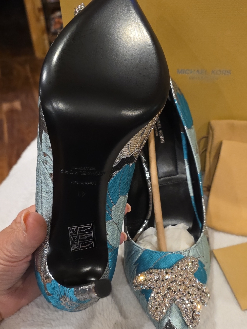 Michael Kors Teal and Silver Crystal-Embellished Pointed Pumps - Picture 5 of 14